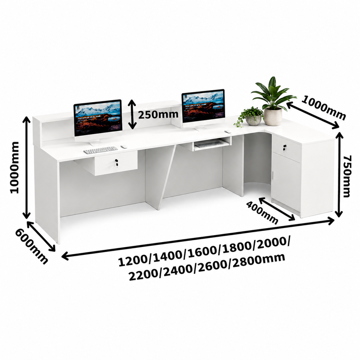 Custom size curved reception desk dimensions with adjustable commercial configurations