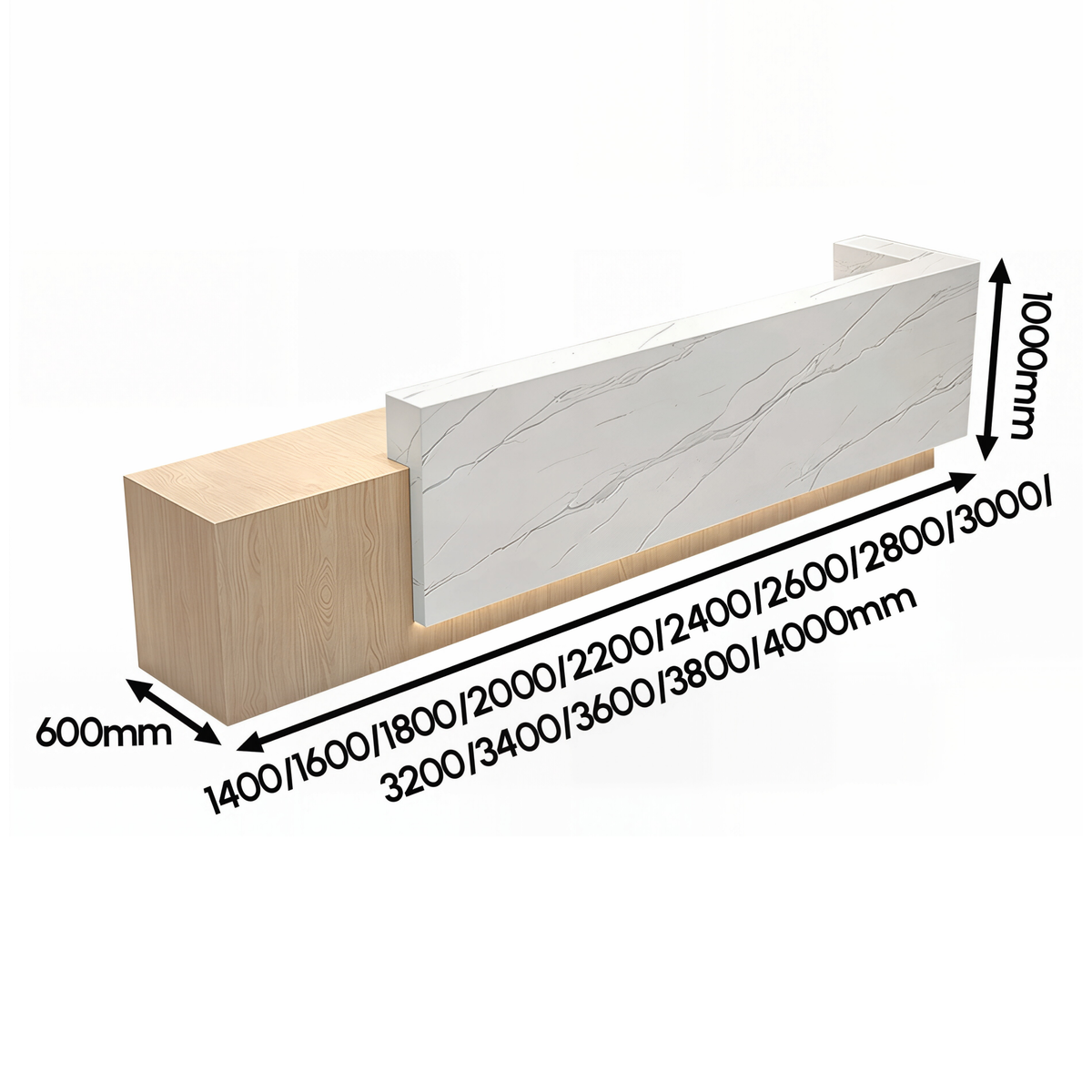 Custom size modern reception desk designed for commercial office environments