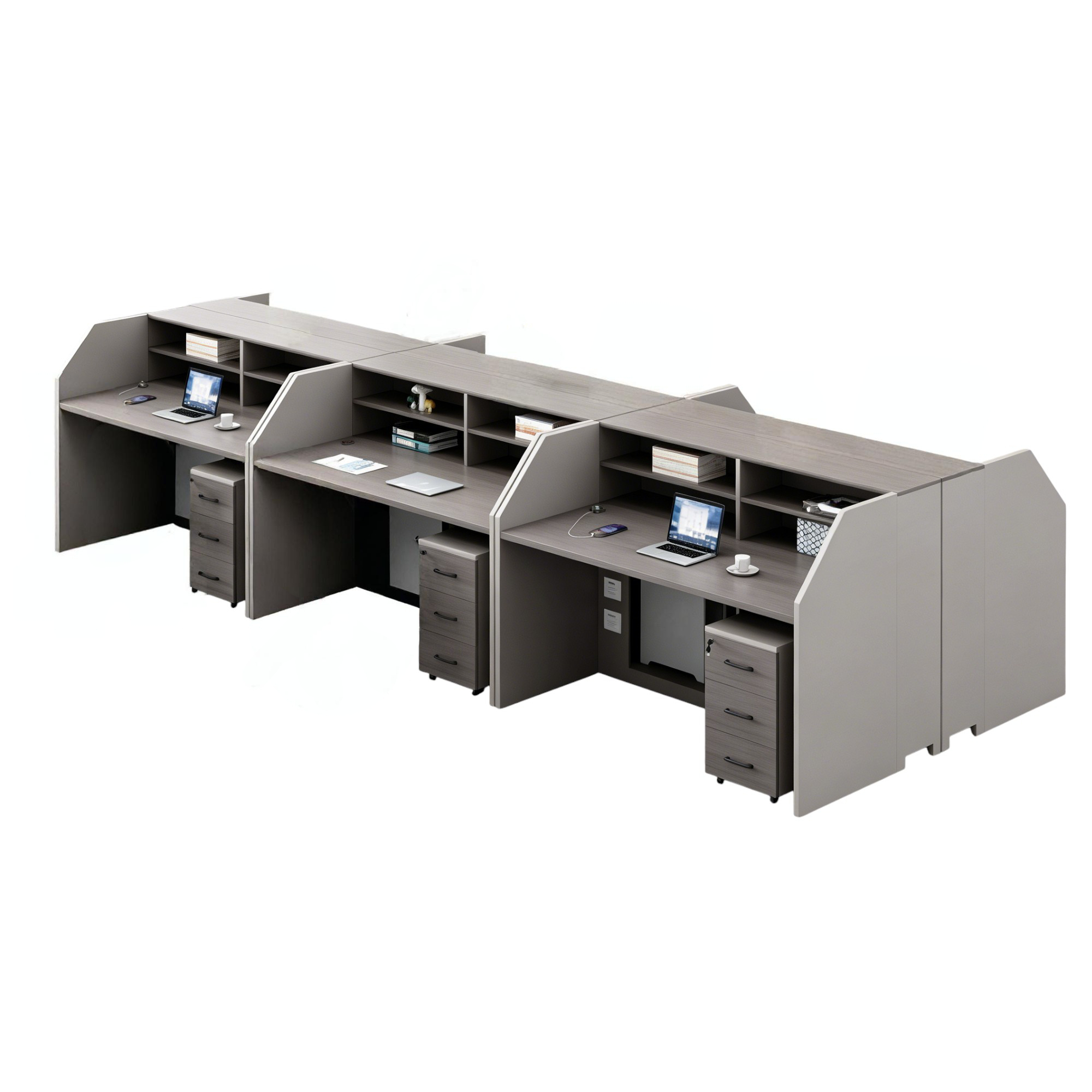 Open Plan Office Workstations with Privacy Partitions and Under-Desk Storage