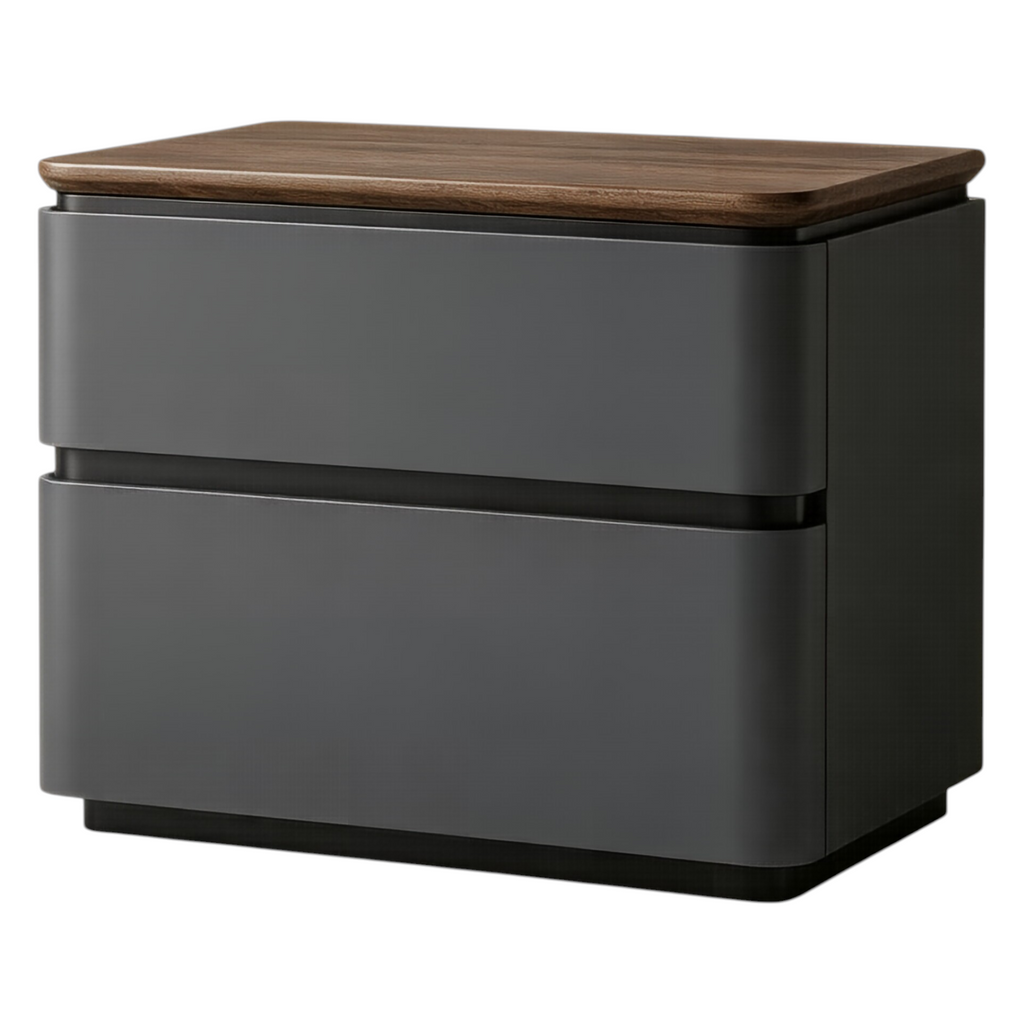 Modern Upholstered Bedside Table with Walnut Top and Two Soft-Close Drawers