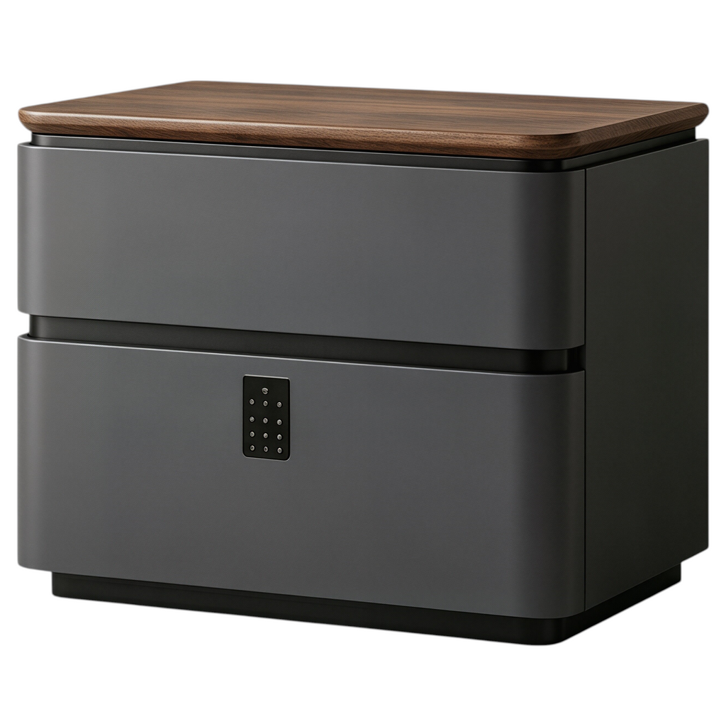 Modern Upholstered Bedside Table with Walnut Top and Two Soft-Close Drawers