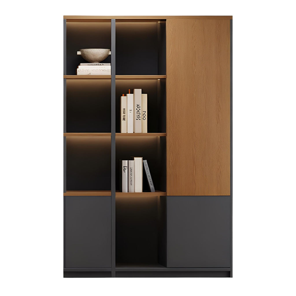 Office storage wall system with side cabinet design and illuminated display shelves