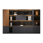 Modern executive office storage wall cabinet with LED display shelves and enclosed storage units