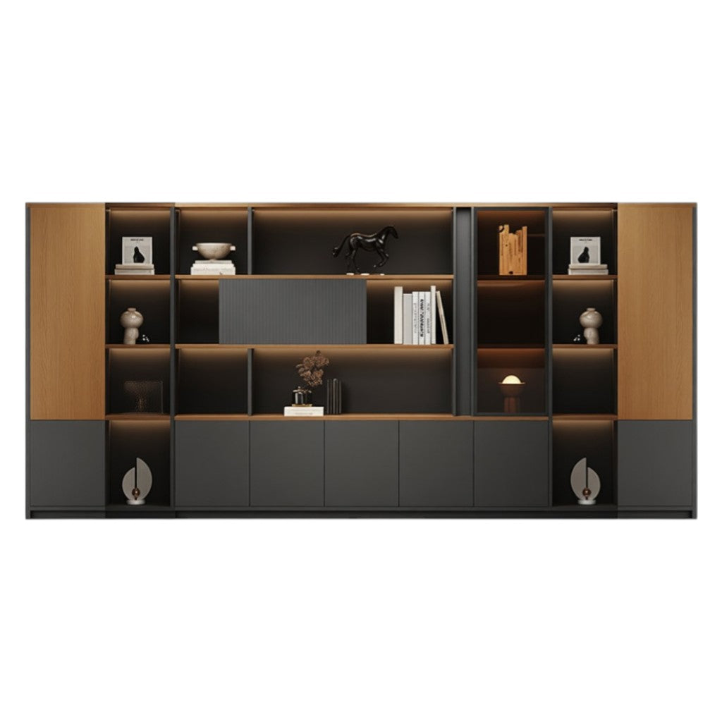 Executive boardroom storage wall cabinet with premium finishes and integrated LED shelves