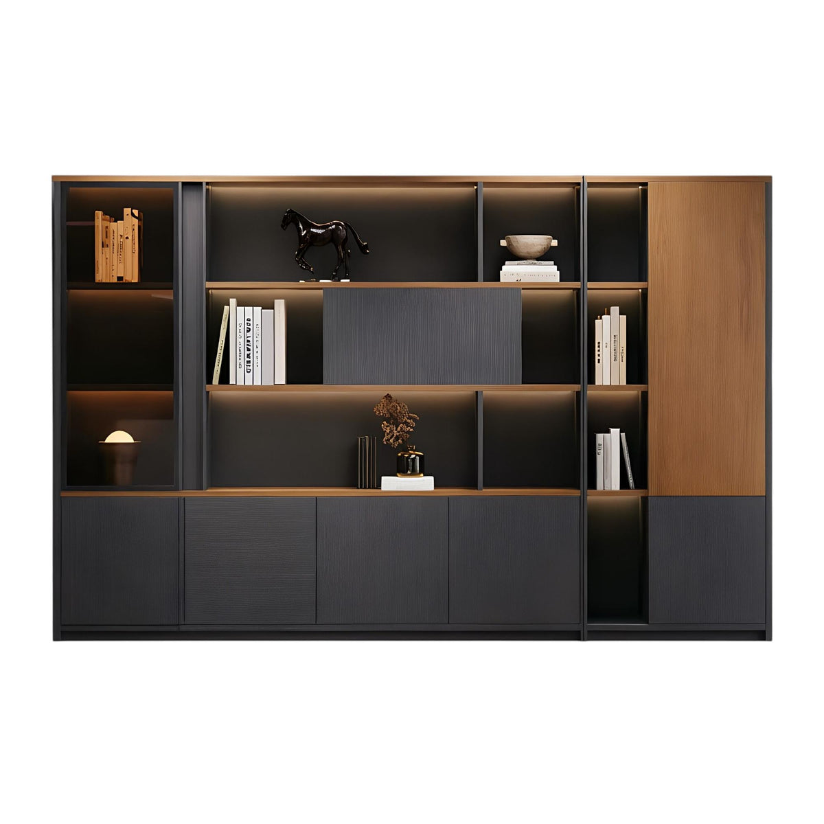 
Commercial office storage wall cabinet with open shelving and concealed storage