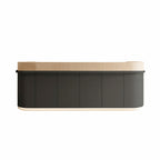 Dark grey curved reception desk with contrasting wood top