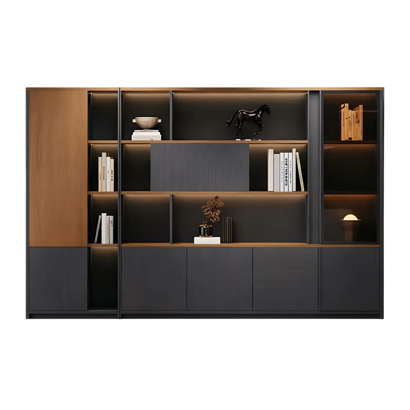 Executive office library storage wall with integrated shelving and cabinet space