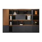 Executive office library storage wall with integrated shelving and cabinet space