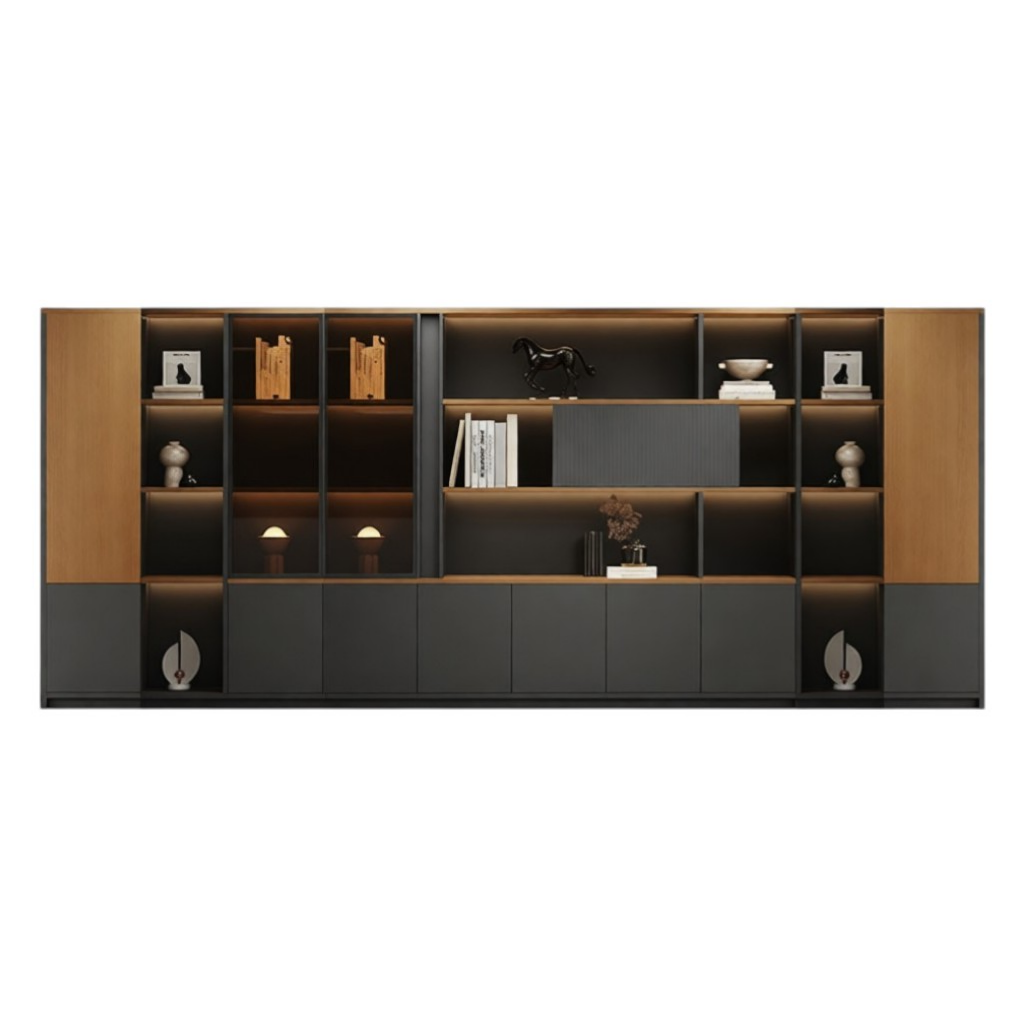 Large office wall storage system with LED lighting and organised display areas