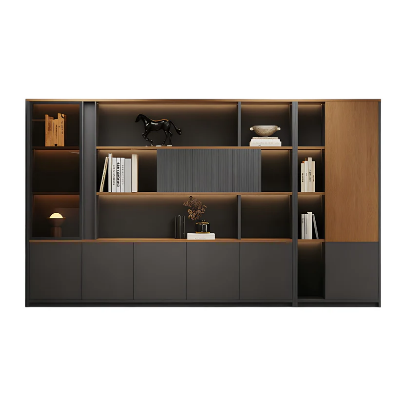 Modern boardroom storage wall unit with LED illuminated shelves and cabinets