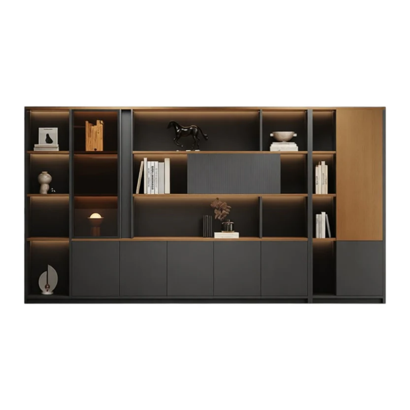Premium office display cabinet system with timber panels and organised storage