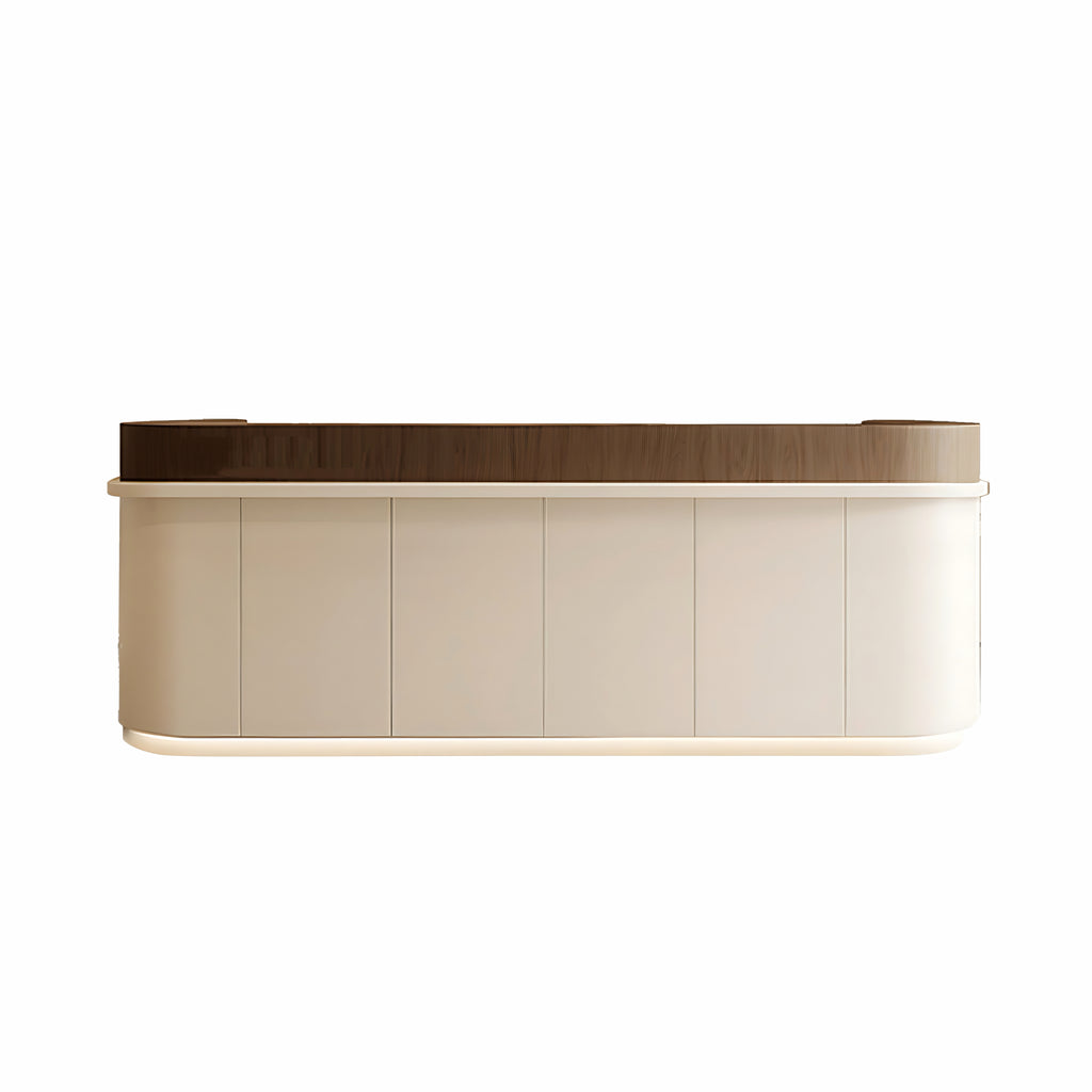 Curved reception desk with dark wood finish and rounded ends