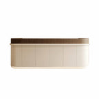 Curved reception desk with dark wood finish and rounded ends