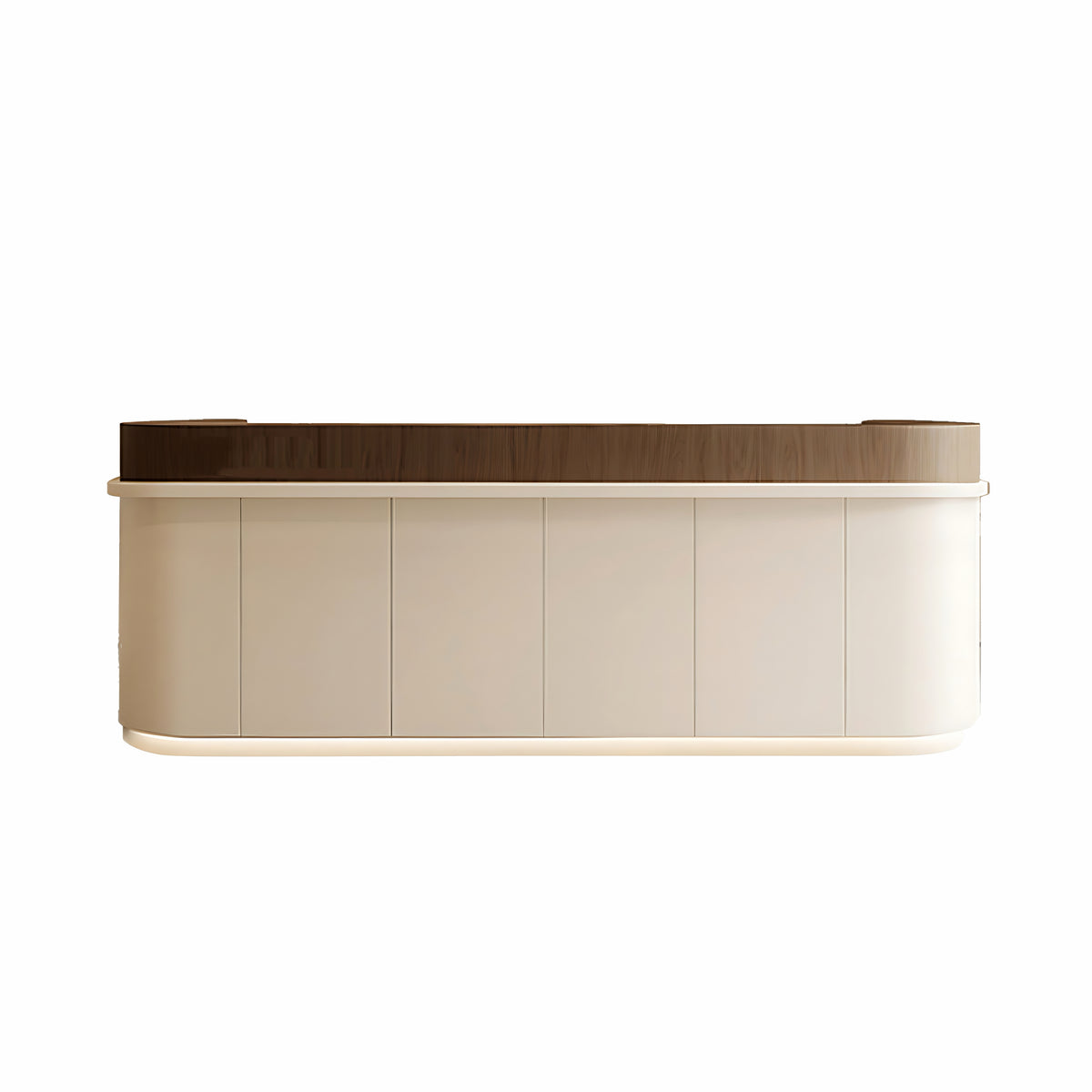 Curved reception desk with dark wood finish and rounded ends