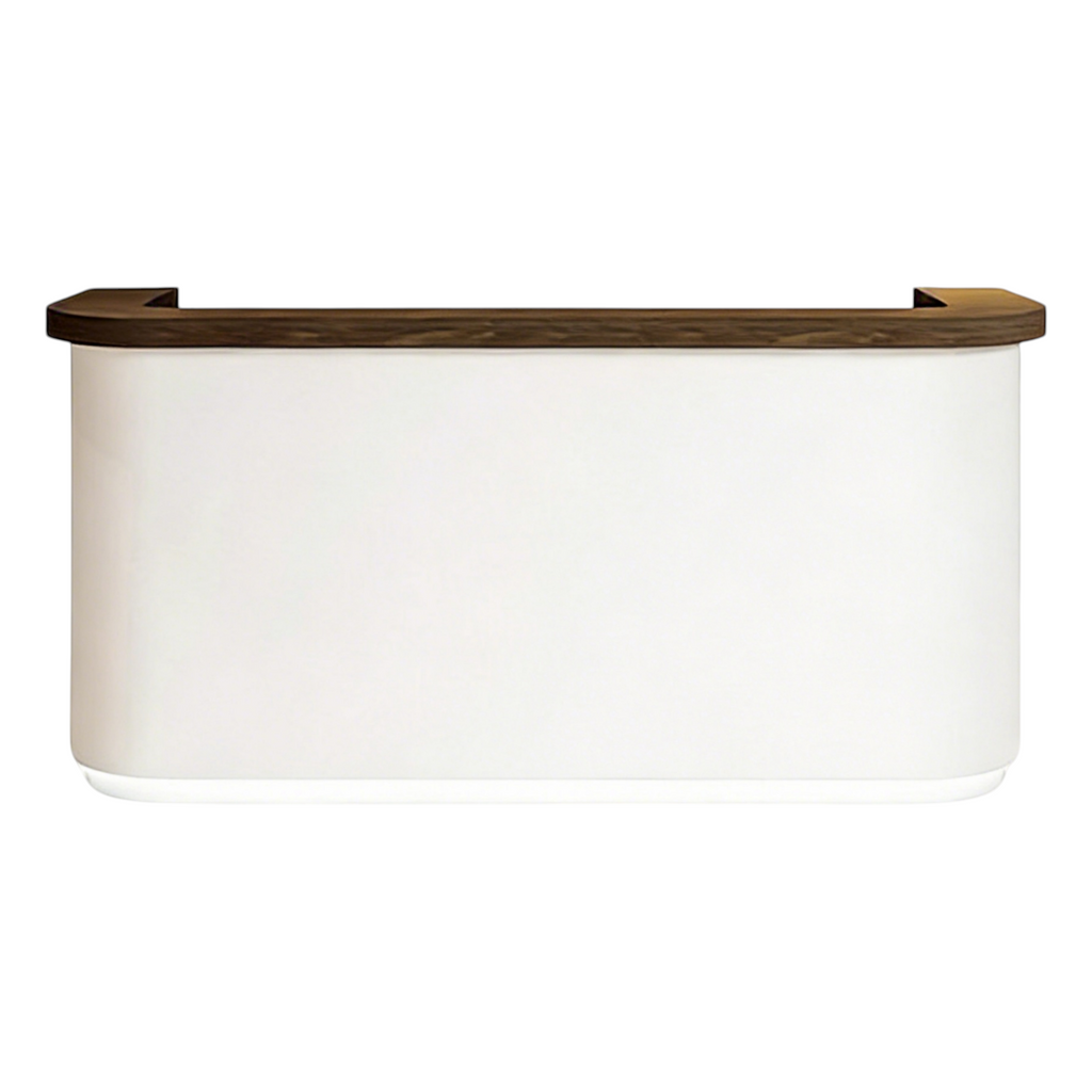 Dark walnut and White curved reception desk with multiple finish options for offices, salons and commercial spaces