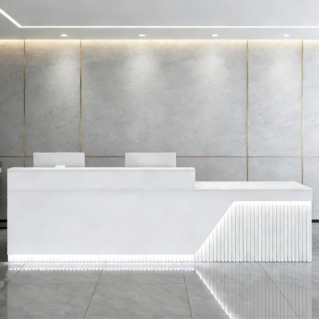 Modern White LED Reception Counter with Fluted Front Panel