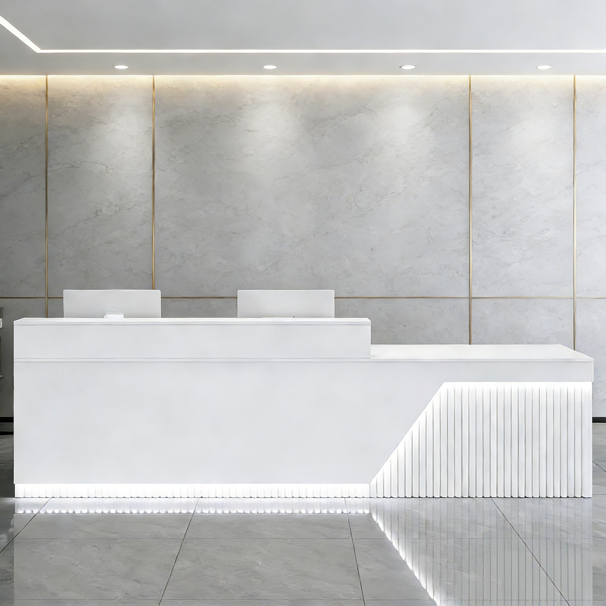 Modern White LED Reception Counter with Fluted Front Panel