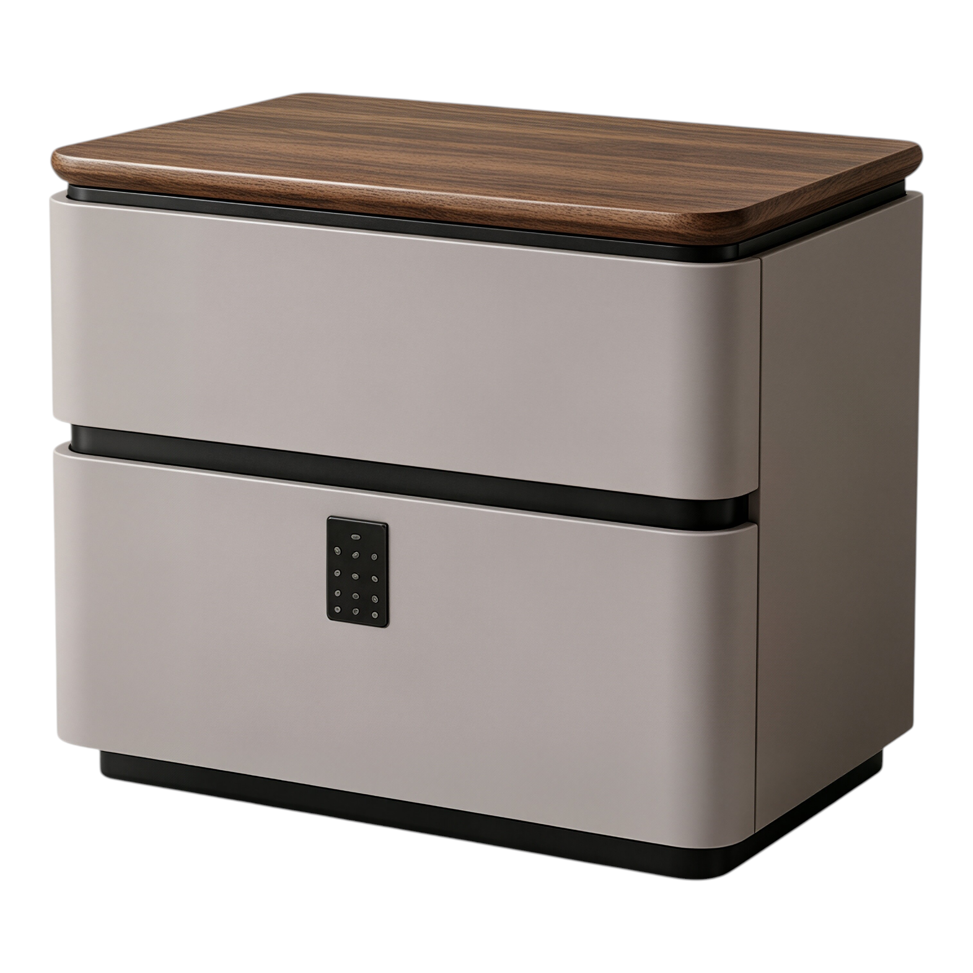 Modern Upholstered Bedside Table with Walnut Top and Two Soft-Close Drawers