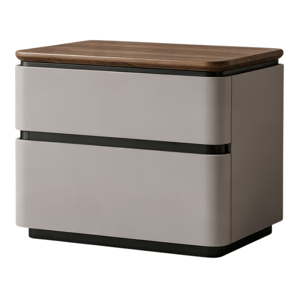 Modern Upholstered Bedside Table with Walnut Top and Two Soft-Close Drawers