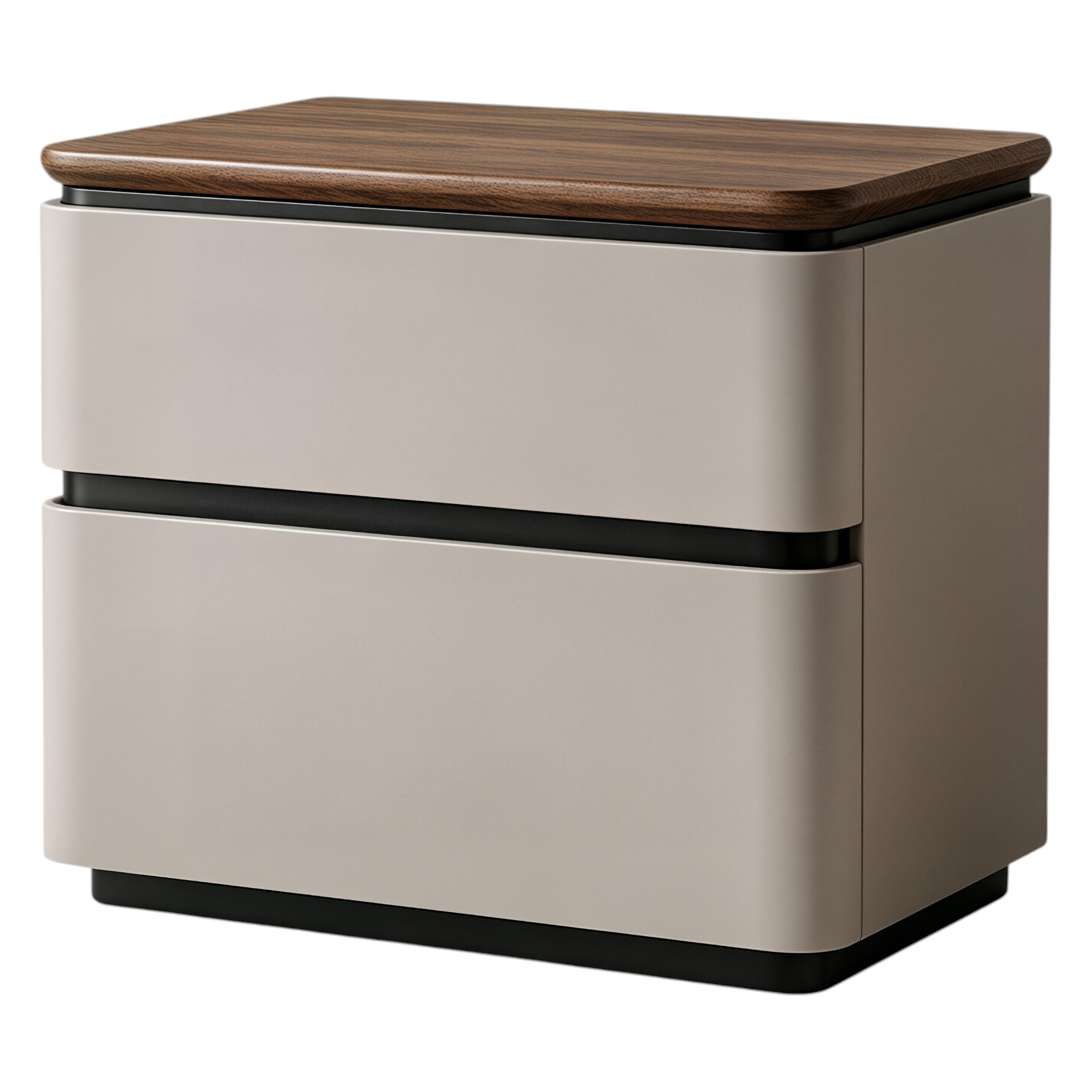 Modern Upholstered Bedside Table with Walnut Top and Two Soft-Close Drawers
