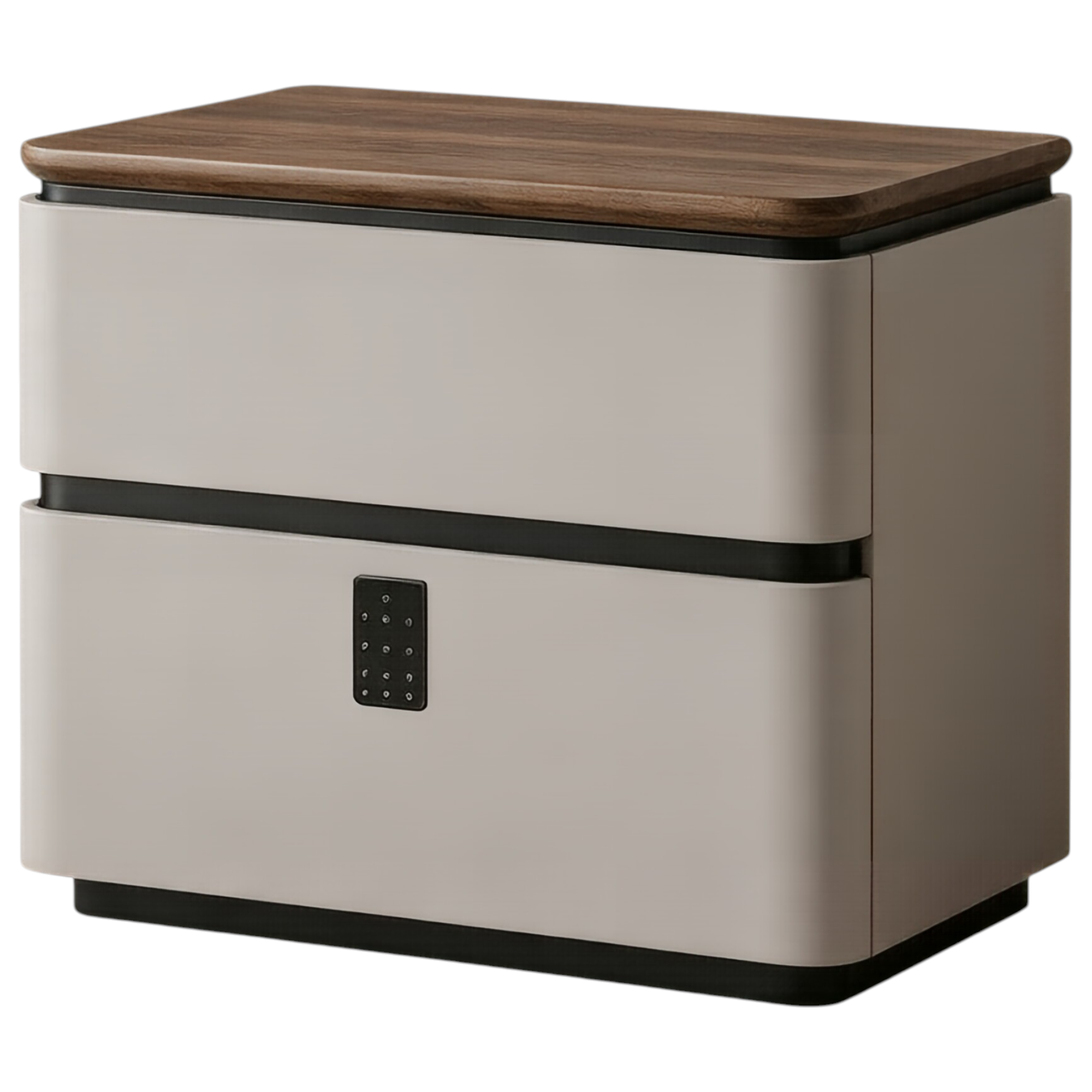 Modern Upholstered Bedside Table with Walnut Top and Two Soft-Close Drawers