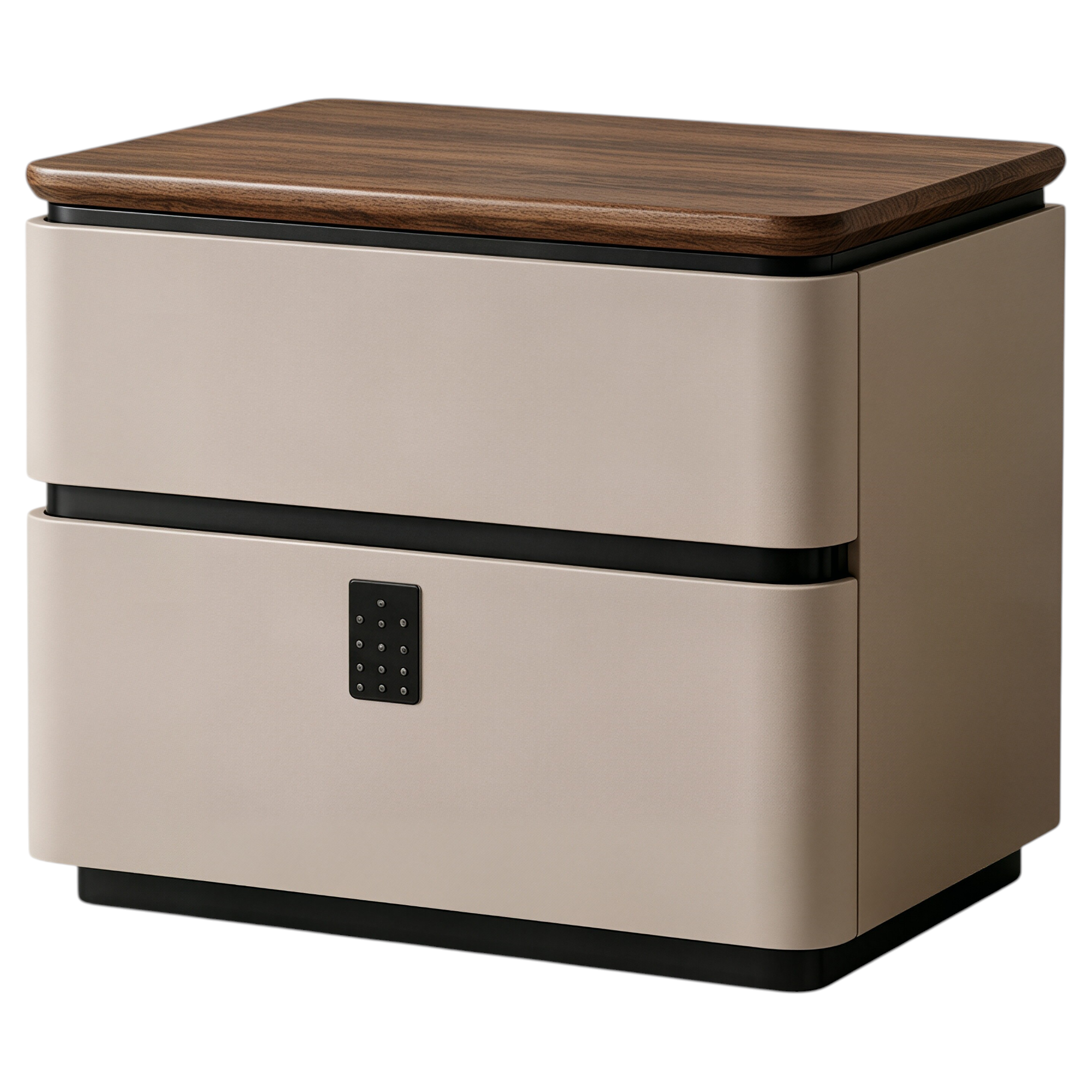 Modern Upholstered Bedside Table with Walnut Top and Two Soft-Close Drawers