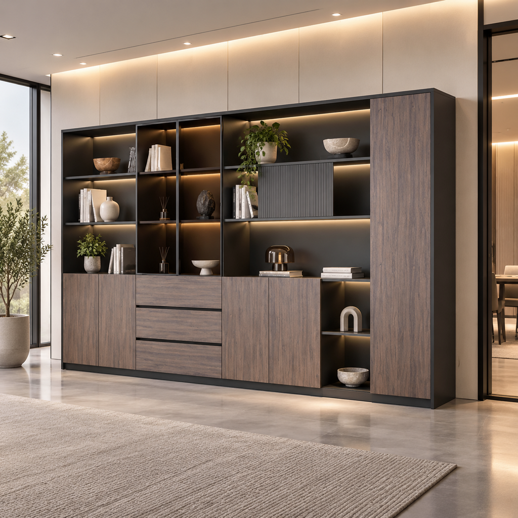 Executive office storage wall cabinet featuring Ebony Gold wood grain finish, display shelves and integrated lighting for professional offices