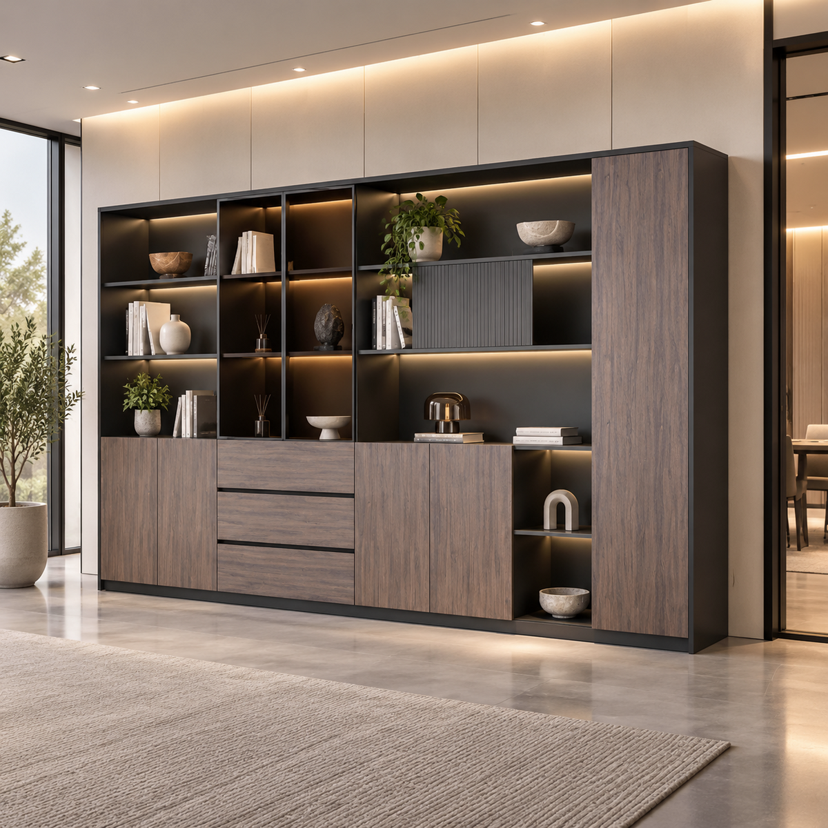Executive office storage wall cabinet featuring Ebony Gold wood grain finish, display shelves and integrated lighting for professional offices