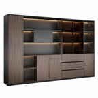 Ebony Gold and Iron Grey executive storage wall unit with LED shelving, cabinets and drawers for modern offices