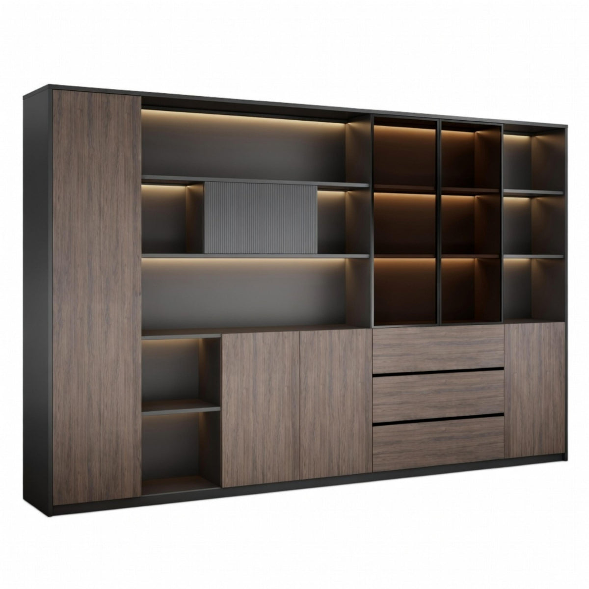 Ebony Gold and Iron Grey executive storage wall unit with LED shelving, cabinets and drawers for modern offices