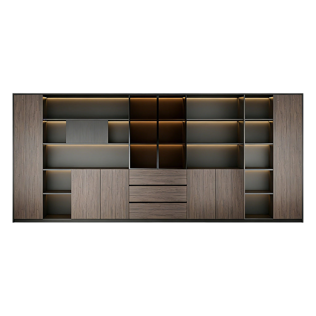 Large Ebony Gold and Iron Grey office storage wall system with shelving and concealed cabinet storage