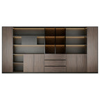 Modern Ebony Gold and Iron Grey office storage unit with display shelves, drawers and closed cabinets