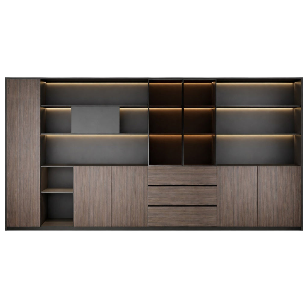 Ebony Gold and Iron Grey office storage wall unit with executive shelving and storage cabinets