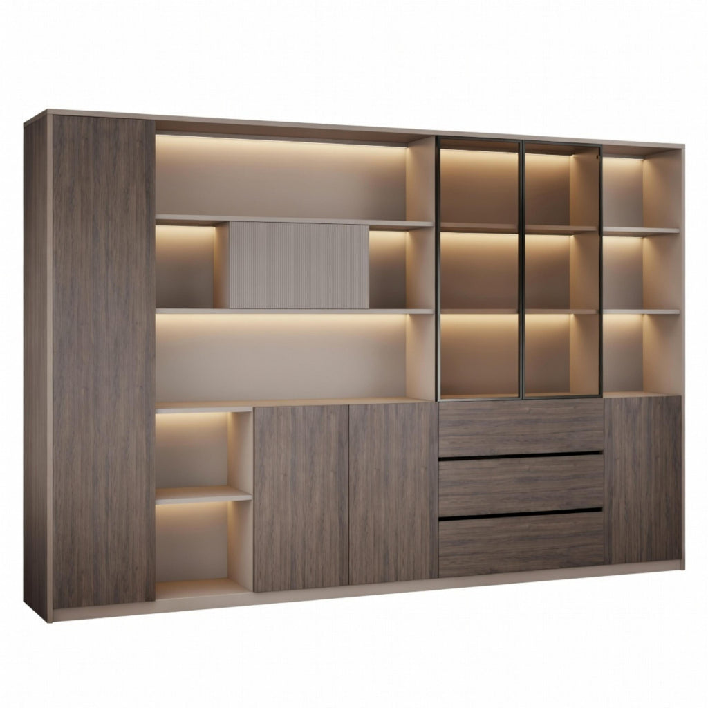 Ebony Gold and Khaki Beige executive storage cabinet with LED display shelves and premium wood finish