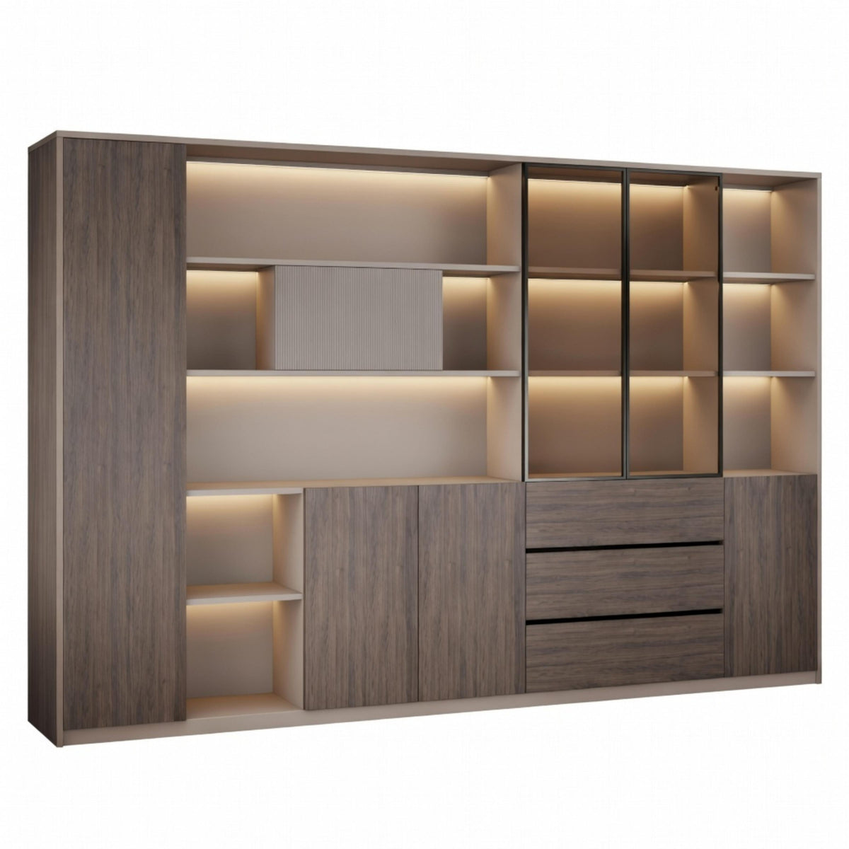 Ebony Gold and Khaki Beige executive storage cabinet with LED display shelves and premium wood finish