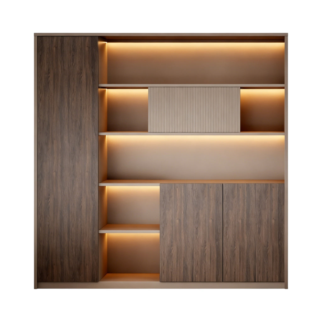 Ebony Gold and Khaki Beige executive storage cabinet featuring LED illuminated shelves and premium wood grain finish