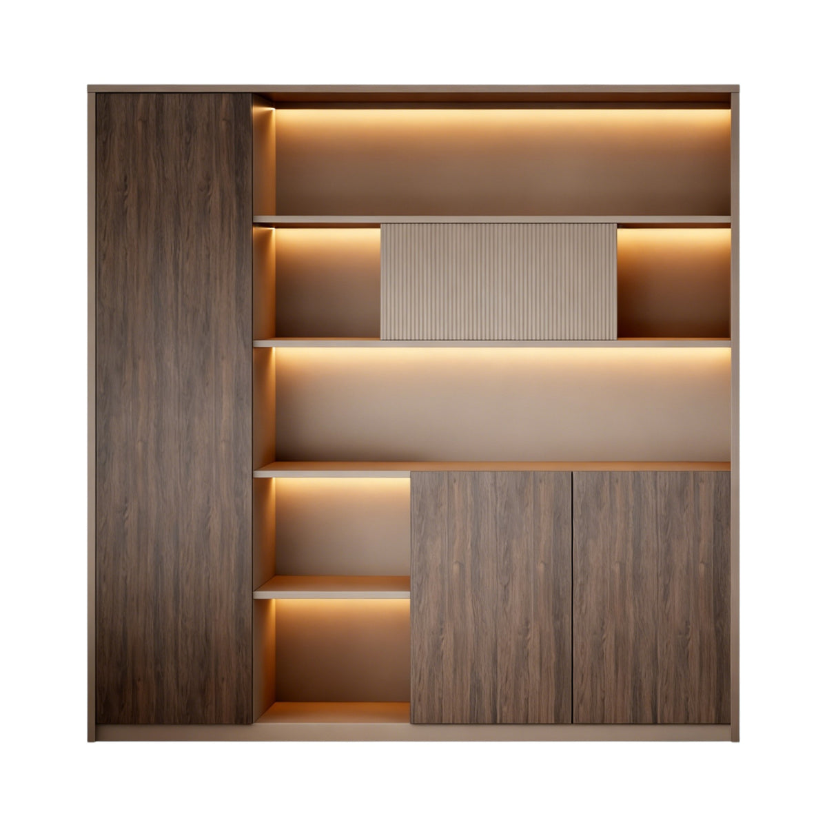 Ebony Gold and Khaki Beige executive storage cabinet featuring LED illuminated shelves and premium wood grain finish