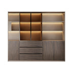 Modern office storage system in Ebony Gold and khaki beige finish with display shelves and organised cabinet storage