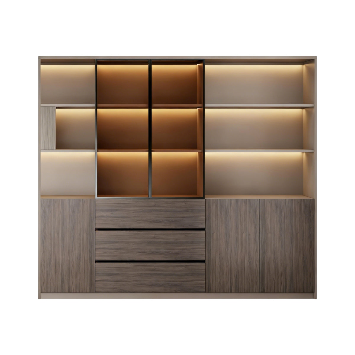 Modern office storage system in Ebony Gold and khaki beige finish with display shelves and organised cabinet storage