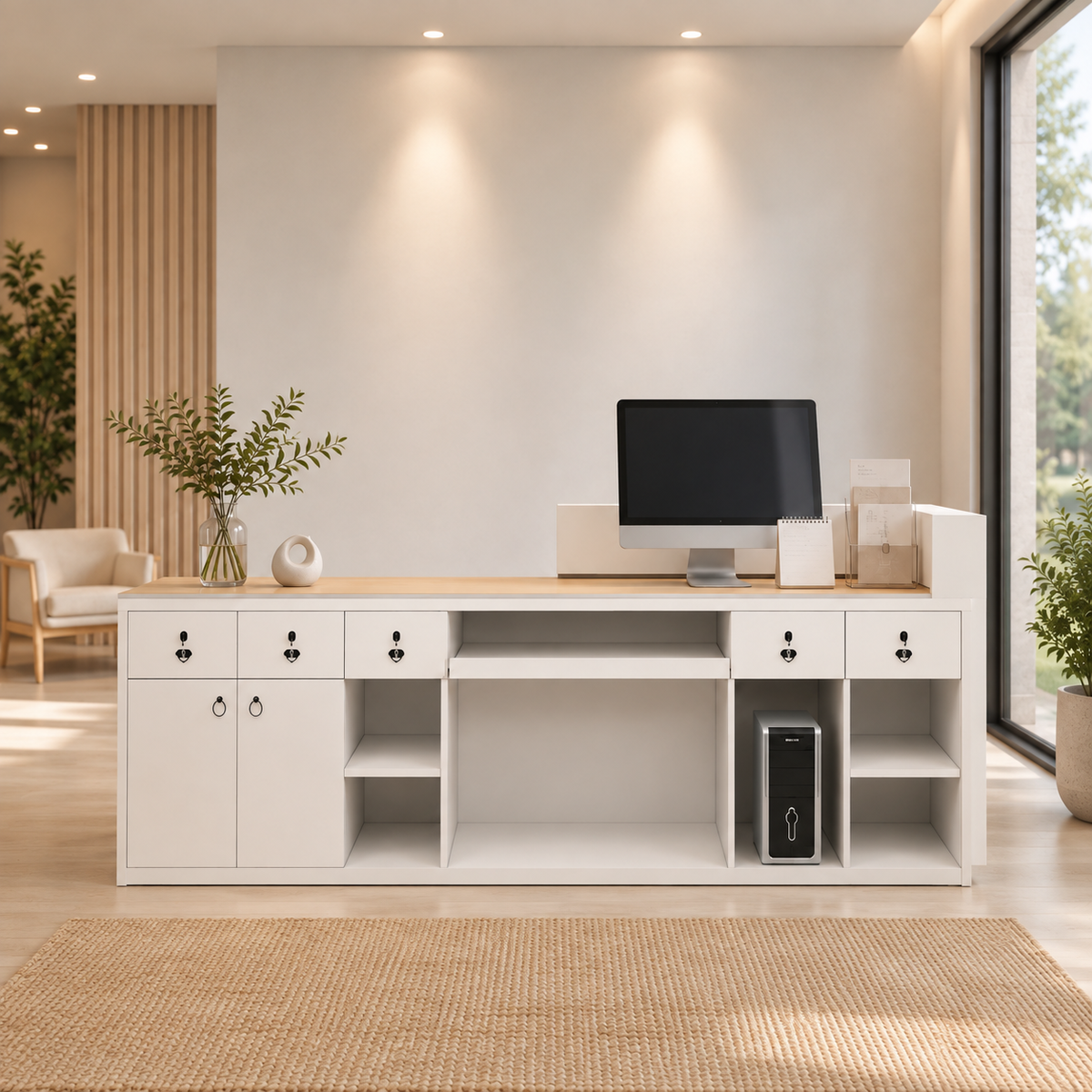 Modern Curved Reception Desk with LED Lighting, Logo Panel and Storage for Offices