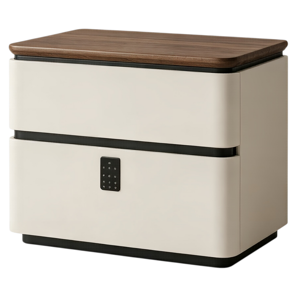 Modern Upholstered Bedside Table with Walnut Top and Two Soft-Close Drawers