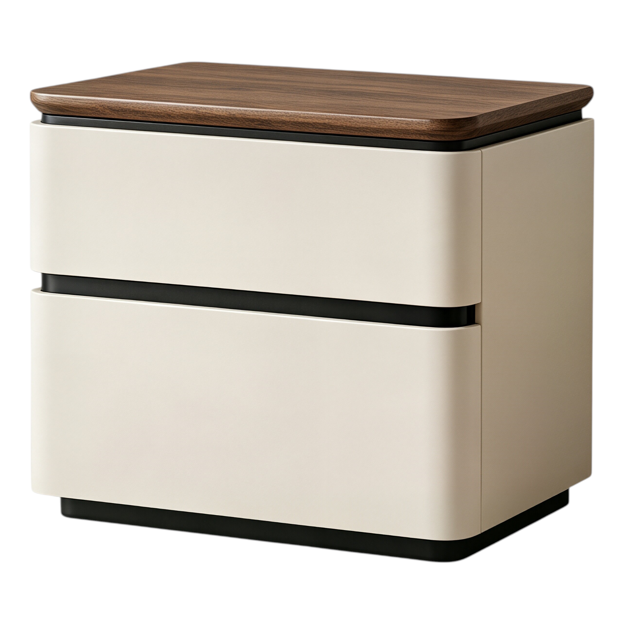 Modern Upholstered Bedside Table with Walnut Top and Two Soft-Close Drawers