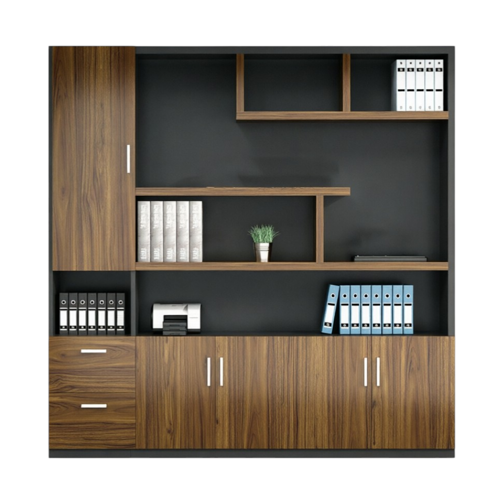 Executive office bookcase storage cabinet with walnut panels, display shelves and practical filing storage