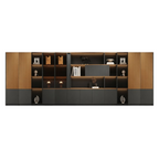 Executive office library storage wall design with timber accents and LED shelves