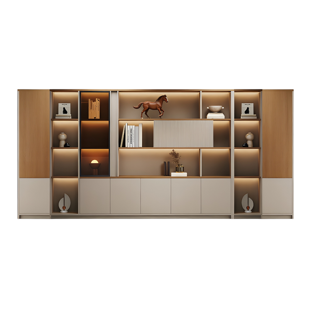 Executive office wall storage cabinet system with modern shelving and LED lighting