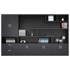 Executive office wall storage unit with cabinets, open shelves and filing storage for commercial workplaces