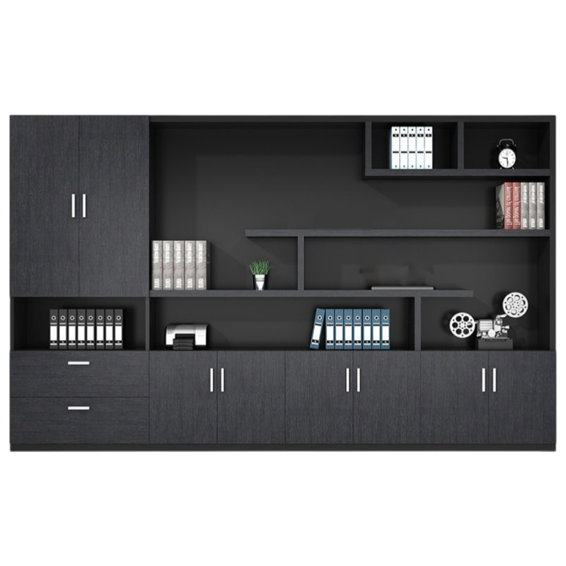Executive office wall storage unit with cabinets, open shelves and filing storage for commercial workplaces