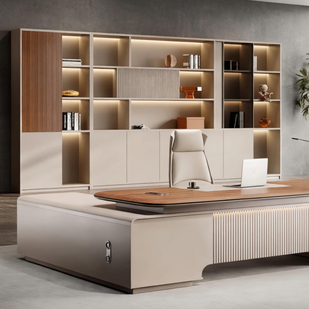 Executive office wall storage unit featuring display shelves, cabinets and integrated LED lighting