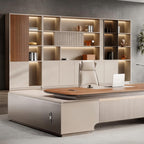 Executive office wall storage unit featuring display shelves, cabinets and integrated LED lighting