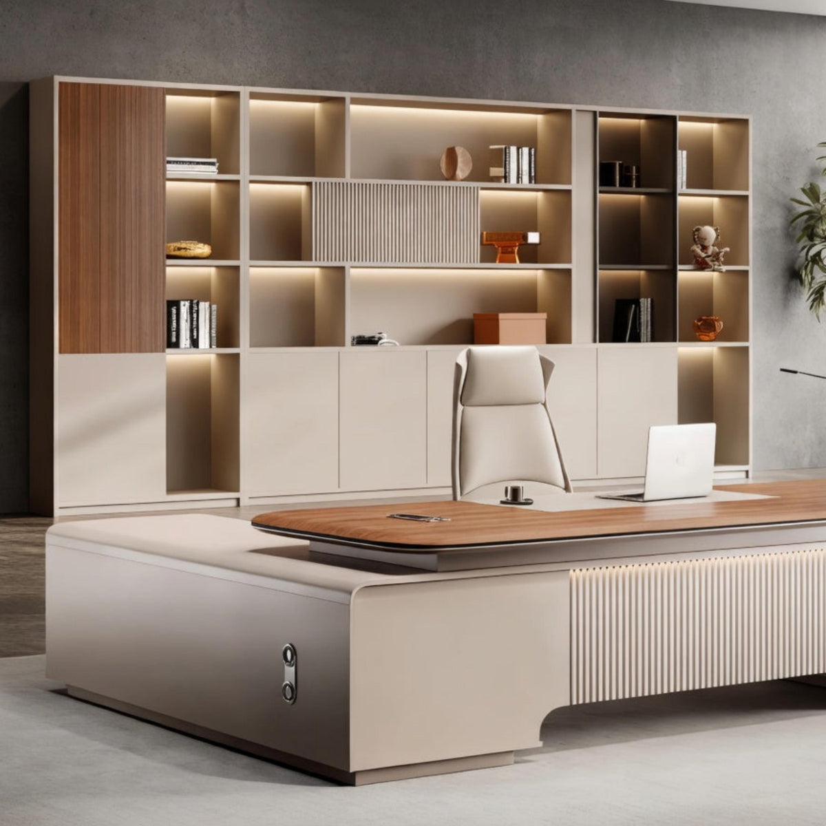 Executive office wall storage unit featuring display shelves, cabinets and integrated LED lighting